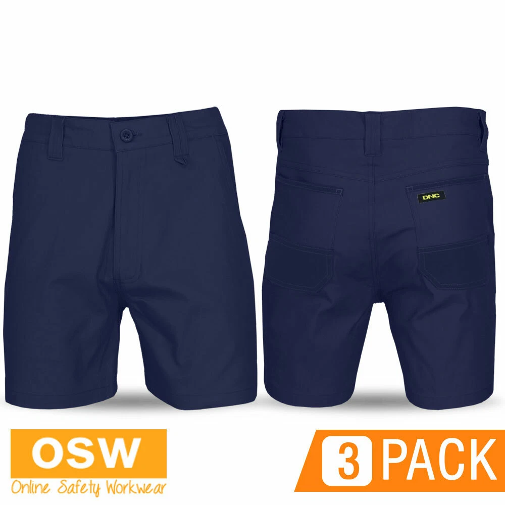 3 x Mens NAVY Cotton Stretch Slimflex Slim Fit Tradies Work Shorts DNC 3374