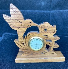 HUMMINGBIRD  FLOWERS WITH SMALL CLOCK, HAND CARVED, CHESTNUT WOOD