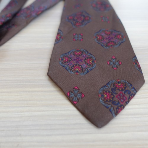 Foulard Tie Mens Brown Coffee Floral Medallion Woven Silk Statement Retro ITALY - Picture 4 of 7