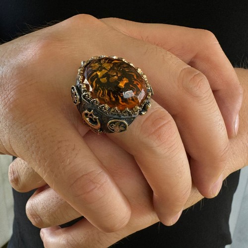 925 Sterling Silver Big Amber Stone In 3D Lion Head Rock Ring Gift for Men - Picture 4 of 6