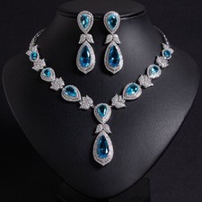 Luxury All CZ Cubic Zirconia Drip Necklace Earrings Set For Women Bridal