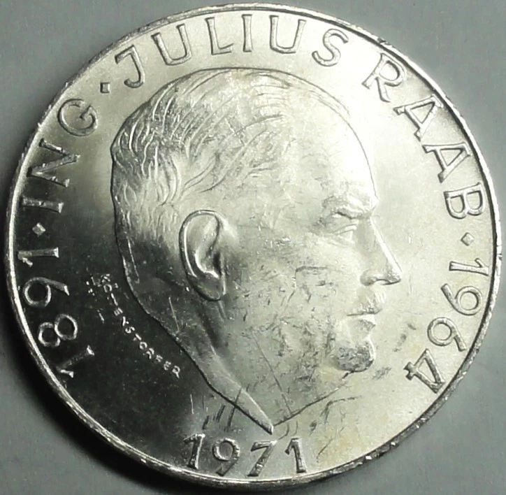 Österreich 50 Schilling  SILBER Münze 1971: ING JULIUS RAAB fast st/unz- Kapsel