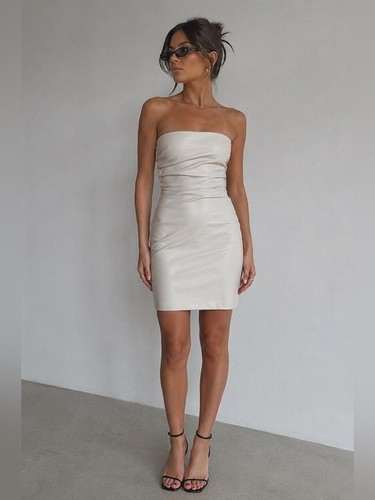 Susana Monaco Strapless Gathered Faux-Leather Mini Dress in Cream Large NEW
