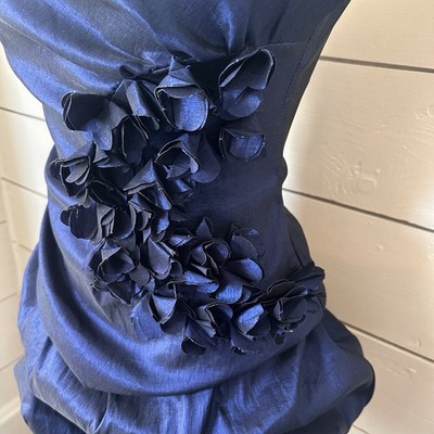 Y2K Daisy Navy Blue Satin Prom Formal Hoco Mini Dress M Bubble Hem 3D  Flowers | eBay