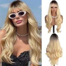 Long Blonde Wig with Bangs Wavy Curly Ombre Wigs for Women 26 Inch Blonde Cur...