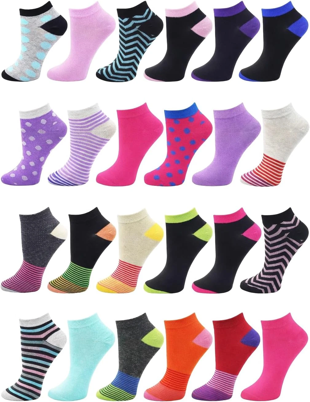 Winterlace 24 Pairs Womens Ankle Socks, Low Cut Colorful Fun Athletic Casual No-