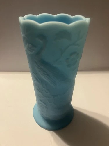 Vintage Fenton Satin Blue Vase. Peacock In The Flower Garden