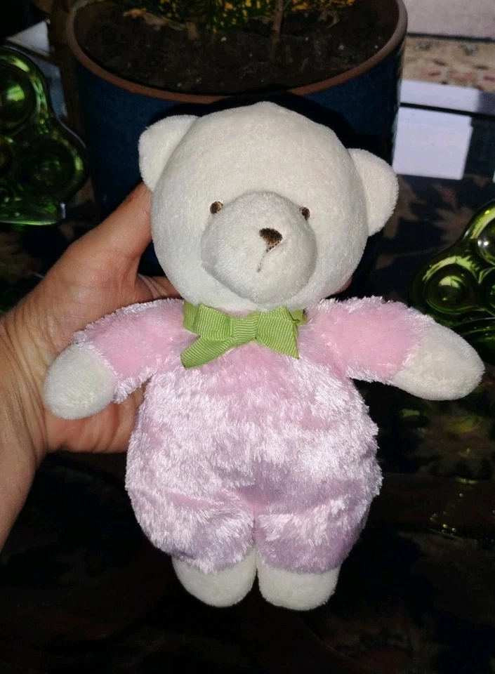 Carters Oso Blanco Rosa Peludo Verde Cinta Arco Peluche Bebé Sonajero Lovey Juguete (G Foto 3 de 4