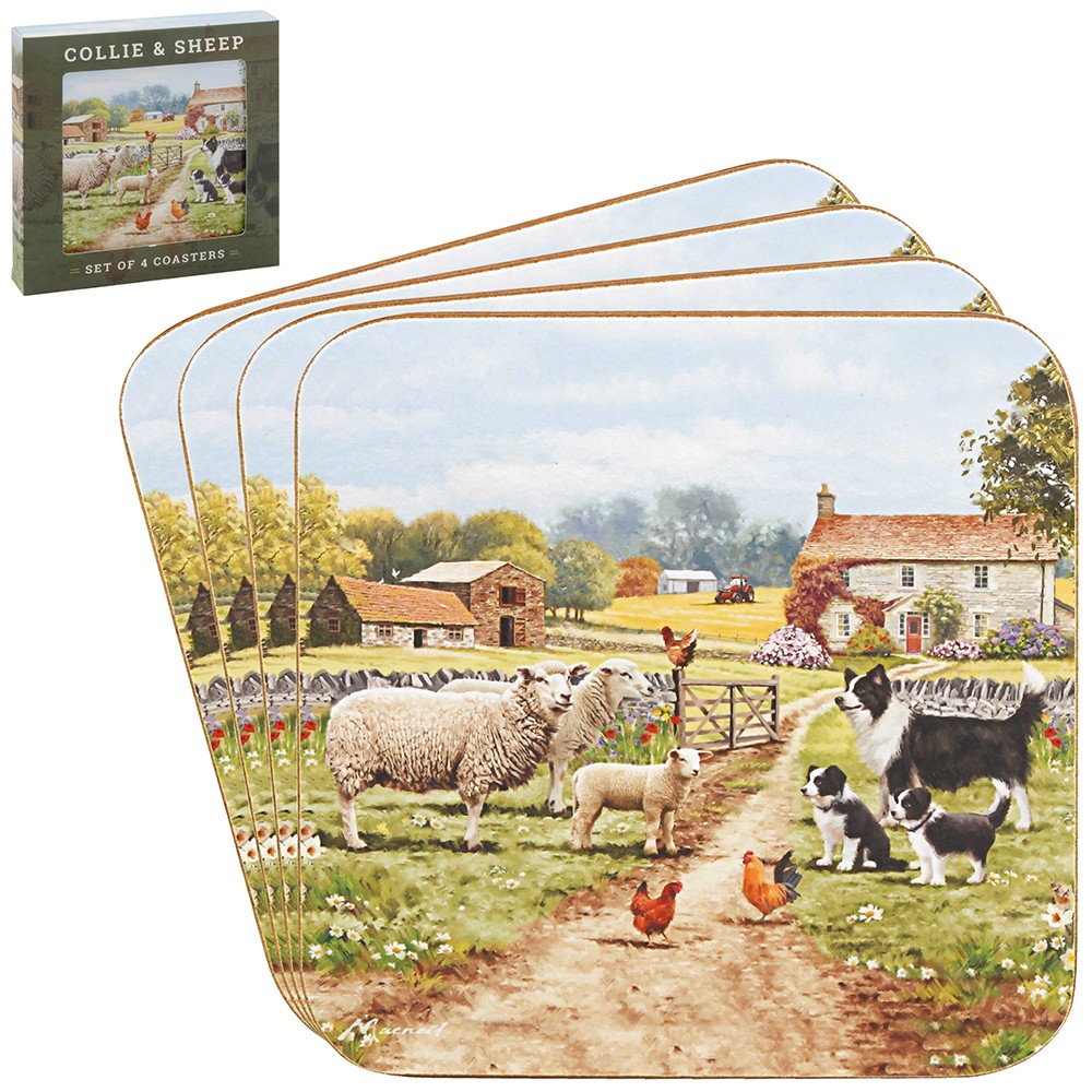 Cork Coasters Set of 4 Collie and Sheep Farmyard Country Drink Table Linen Mats
