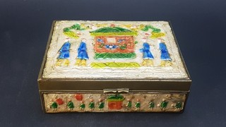 Fantastic 1900s Qing Dynasty Brass Table Box w Enamel Nobleman’s Palanquin Scene