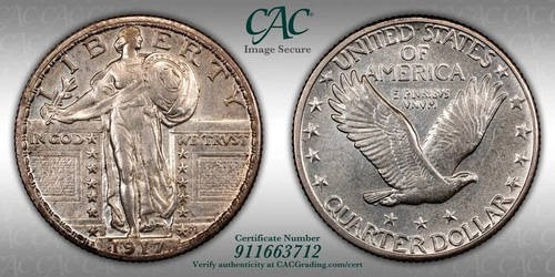 1917 D  Standing Liberty Silver Quarter Type 2 Nice Toning, CACG AU details