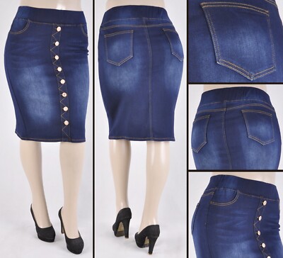 Women 26'' Skirt Stretch Denim PENCIL dark wash skirt elastic W/B PLUS #WG-77803