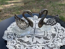 Vintage Crystal Salt Cellar Swans with Moveable Wings Silver Plate Ribbed Base