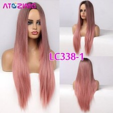 Long Straight Wigs Light Pink with Dark Root Synthetic Hair Wig Middle part