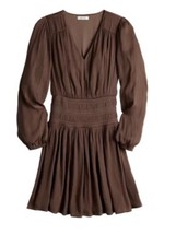 Women's Long Sleeve Smocked Mini A-Line Chocolate Brown Dress Nine West XS