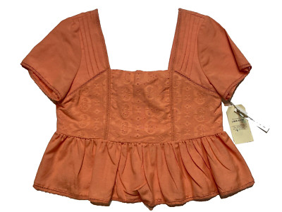 NWT Midnight Sky Orange Linen Milkmaid Crop Peplum Peasant Blouse Top Eyelet M