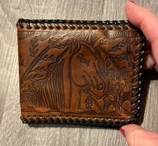 Vintage Men  s Tooled Horse Flowers Western Wallet Medium to Dark Brown EUC