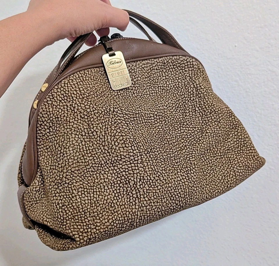 Vintage Borbonese Redwall Brown Tan Suede Leather Double Top Handle Bag Italy - Image 2 of 4