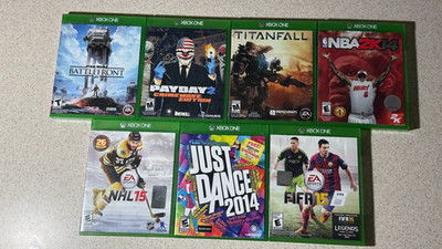 Lot of 7 Xbox One Sports, Starwars Payday Hocking  Basketball Just Dance Games!