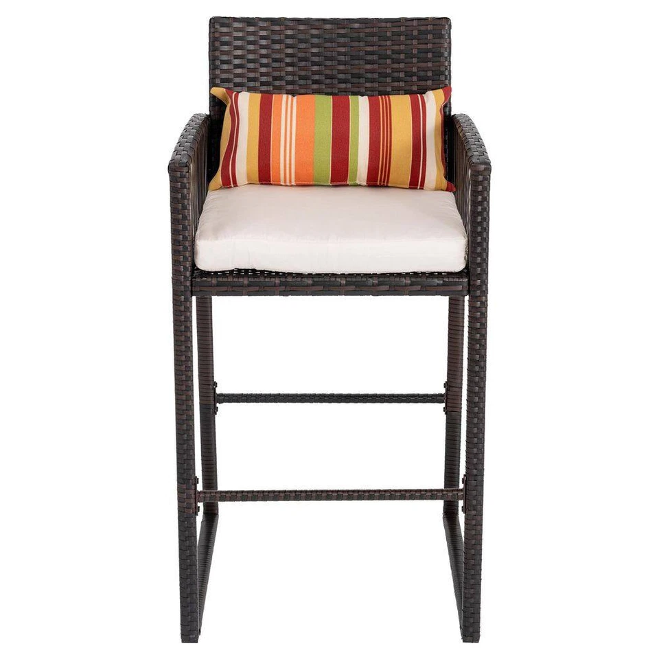 3-Piece Brown Wicker Patio Outdoor Bistro Set with White and Colorful Cushions, - Image 2 of 4