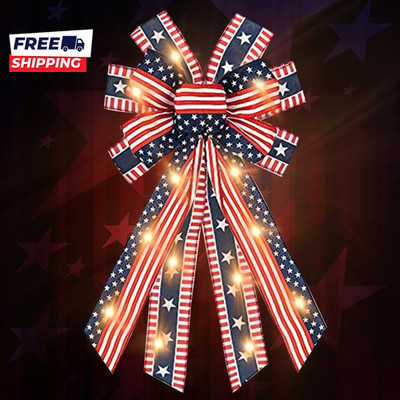LED 4Th of July Bows for Wreath, Red Blue Patriotic Burlap Bow American Flags Wr