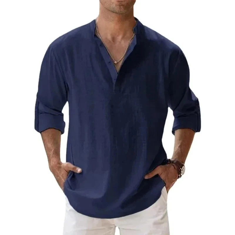 Men's Cotton Linen Henley Long Sleeve Shirt Casual Beach T-shirt Tee Summer Gift - Image 4 of 4