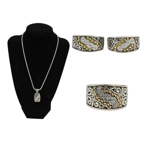 VINTAGE DESIGNER EFFY DIAMOND NECKLACE EARRING RING SUITE STERLING SILVER 18K