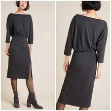 Anthropologie Knit Column Dress Carbon Gray XS Runs Big NWT Midi Slit Minimalist