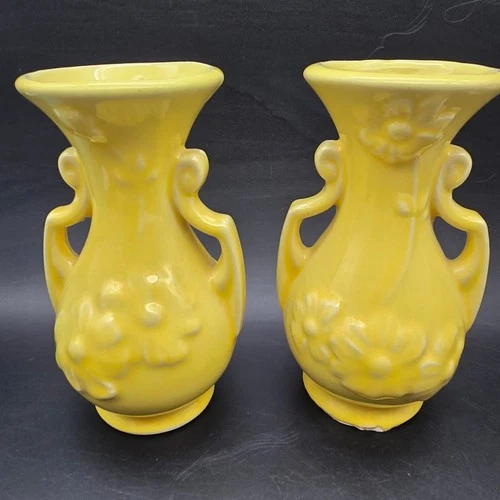 Shawnee Yellow Floral Mini Vases USA Pottery Vintage