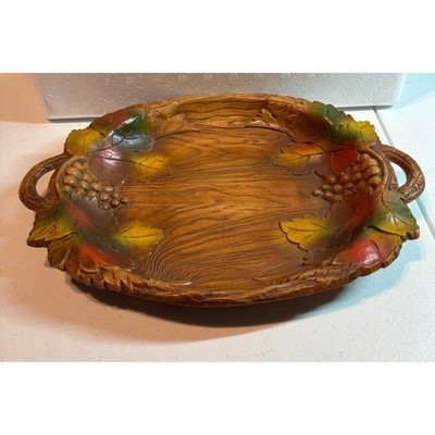Vintage Autumn Leaf Grape Harvest Serving Tray with Handles Wood Grain Finish
