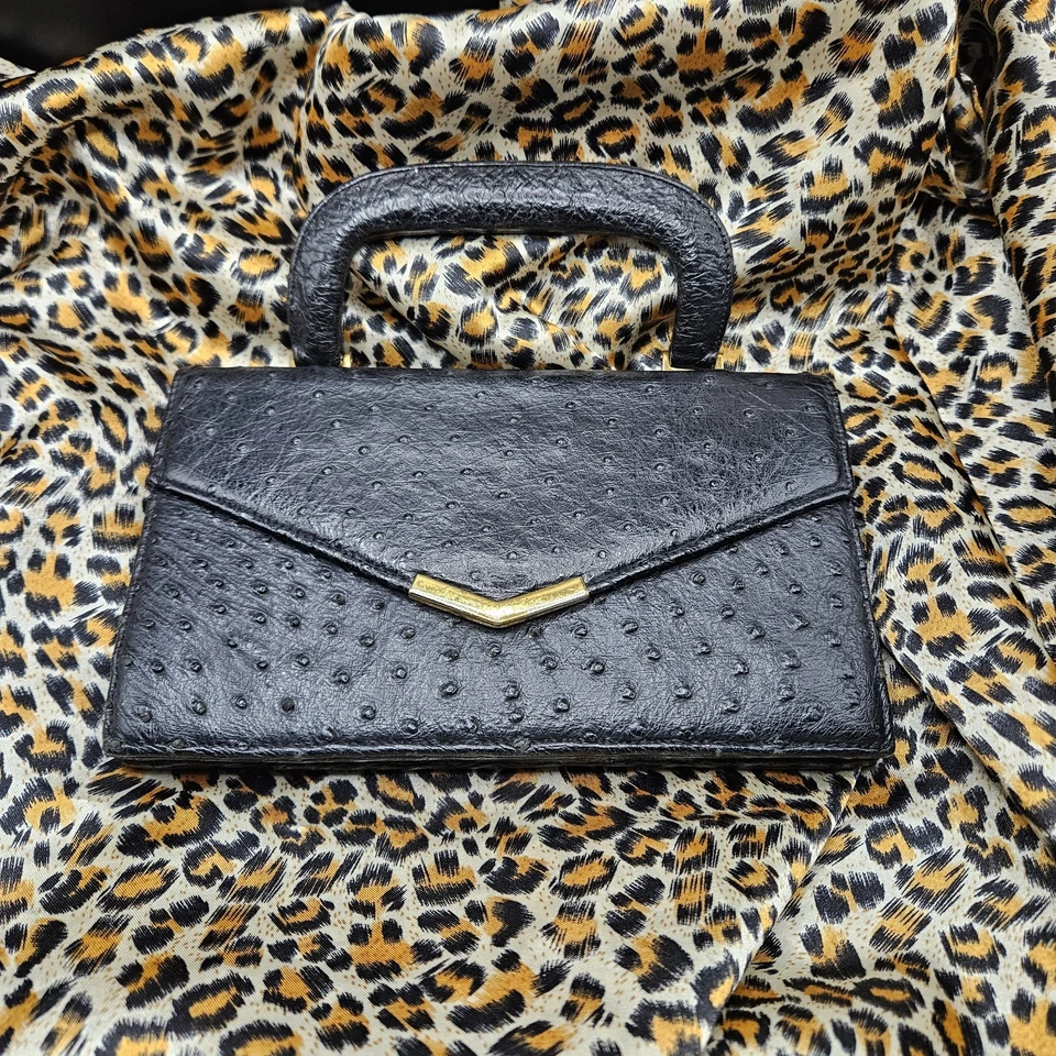 Bolso de mano vintage Koret piel de avestruz con asa superior forro negro rojo RARO Foto 2 de 4