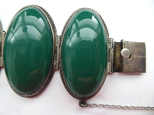 Bracelet Vintage Taxco Mexico Années 1940 – Argent Sterling Et Onyx Verte – Longueur 18 Cm – Occasion
