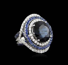 Royal Blue Oval  Round Cut 14.22CT Sapphire With Pure White CZ Double Halo Ring
