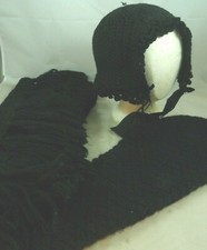 Antique Black Crocheted Knit Womens Shawl Scarf Hat Wrap Cap Retro Ladies Winter
