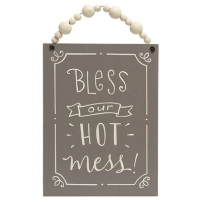 New Shabby Farmhouse Beads Gray White BLESS OUR HOT MESS SIGN Plaque Hanging 