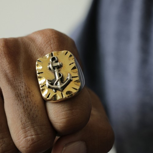 anchor Mexican Biker Ring brass silver Vintage Navy world war sailor men Skull - Picture 2 of 13
