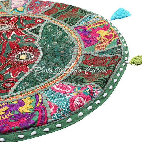 Green Round Floor Pillow Cushion Cover Vintage Patchwork Pouf Cushion Ottoman - Picture 3 of 6