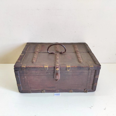 19c Antik Handmade Messing Kunstwerk Holz Geld Brust 2 Fächer Selten WD233