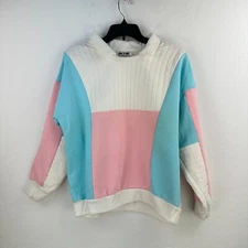 80s ACT III Sweatshirt L White Pink Ribbed Knit Colorblock Grandma Core Collar