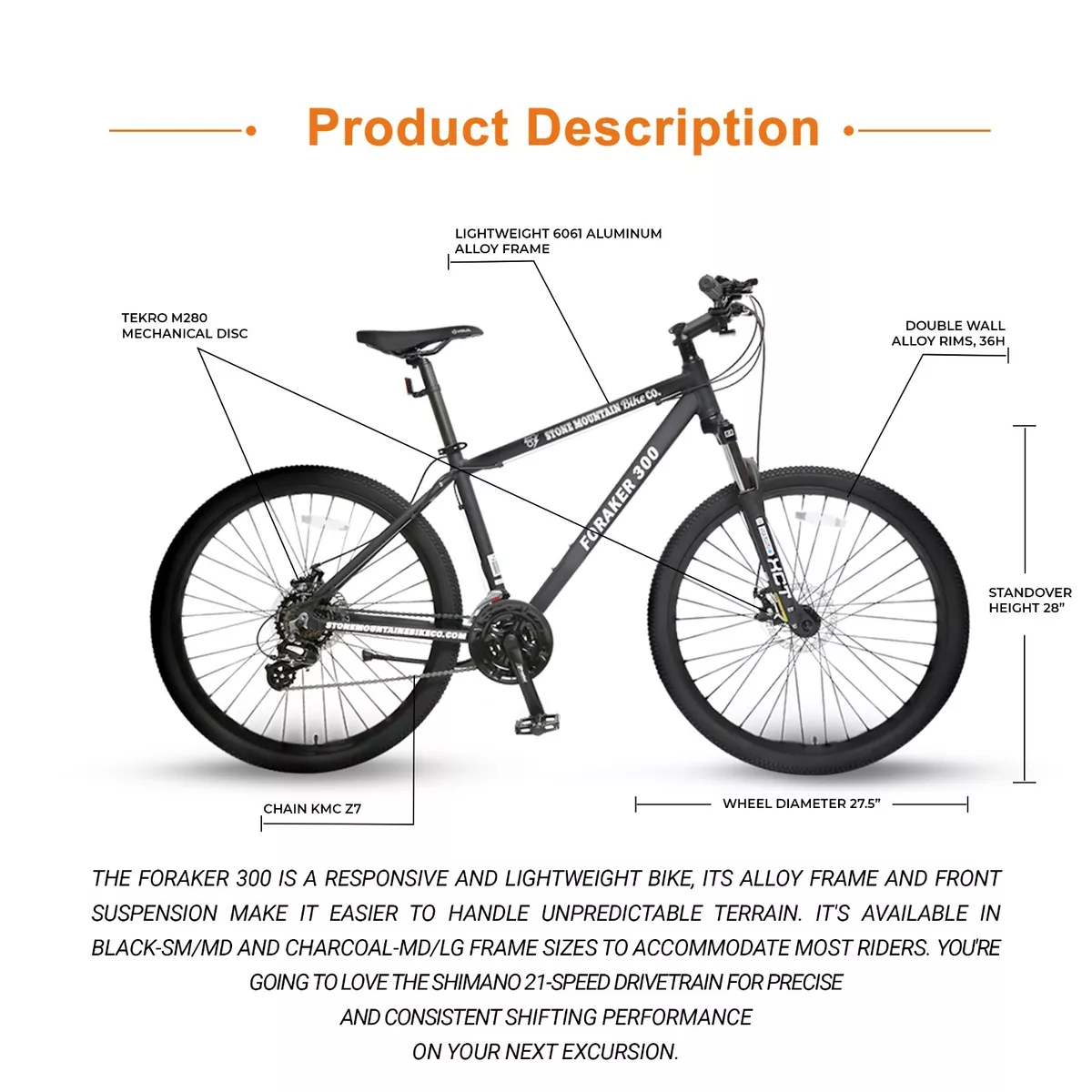 FORAKER 300 Mountain Bike Bicycle, Aluminum Frame 21-Speed Disc