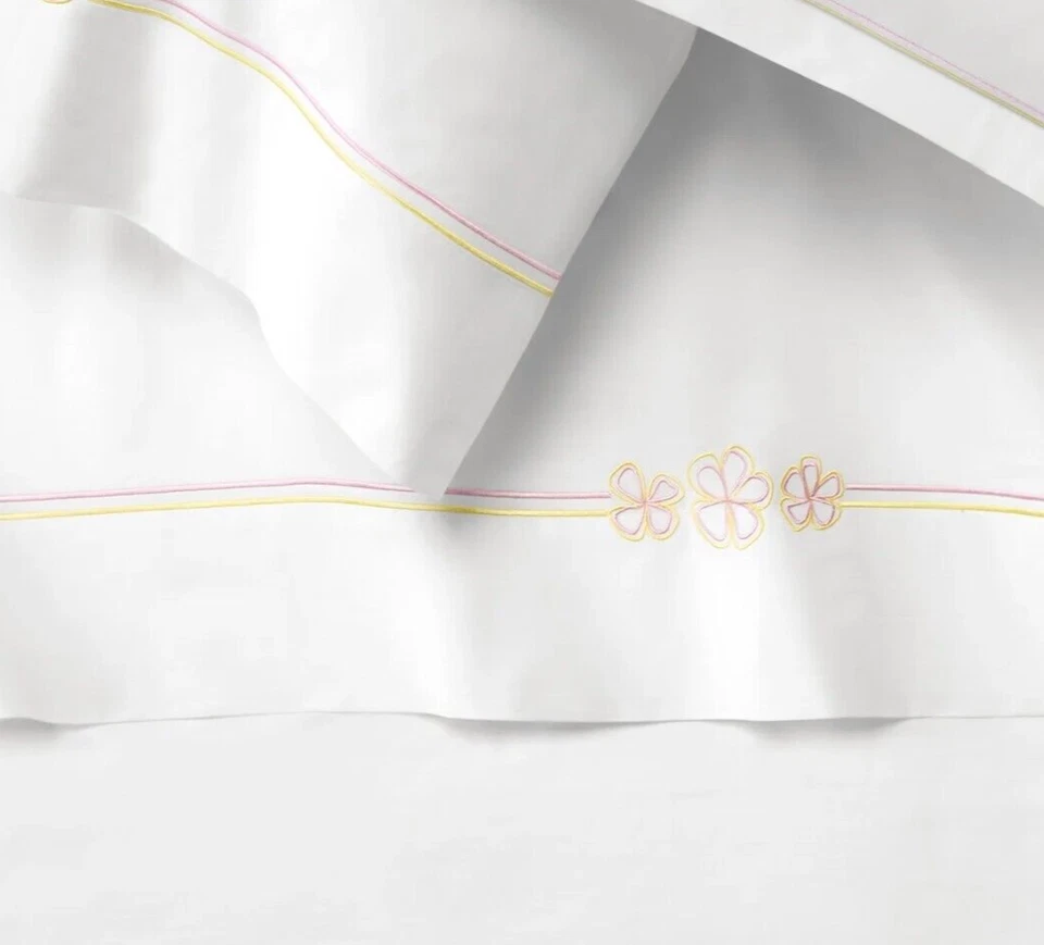 Sferra Fiorina Hoja Plana Doble Rosa Amarillo Bordado Floral Percal Italia NUEVO Foto 3 de 4