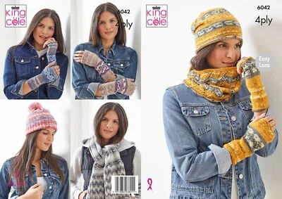 Womens Knitting Pattern Hats, Snood & Hand warmer King Cole 4 Ply 6042