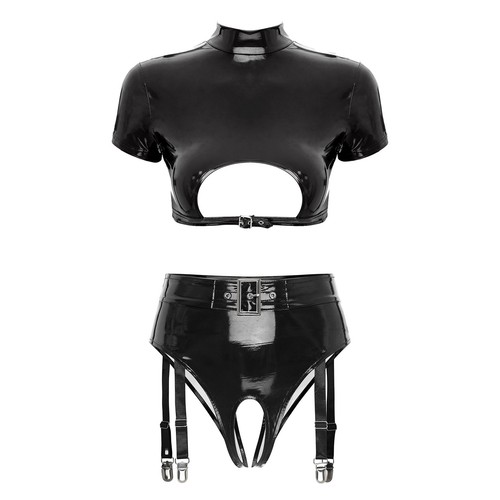 Women Clubwear Wetlook Lingerie Suspender Nightwear PVC Leather Bralette Teddy - Picture 15 of 50