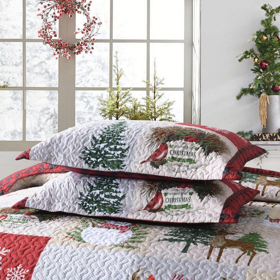 3 Piece Warm Christmas Snowman Reversible Quilt Set with Pillow Shams ...