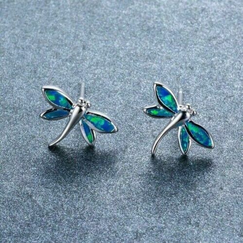 Cute Silver Wedding Jewelry Opal Dragonfly Fire White Women Earrings Plated - Picture 1 of 12