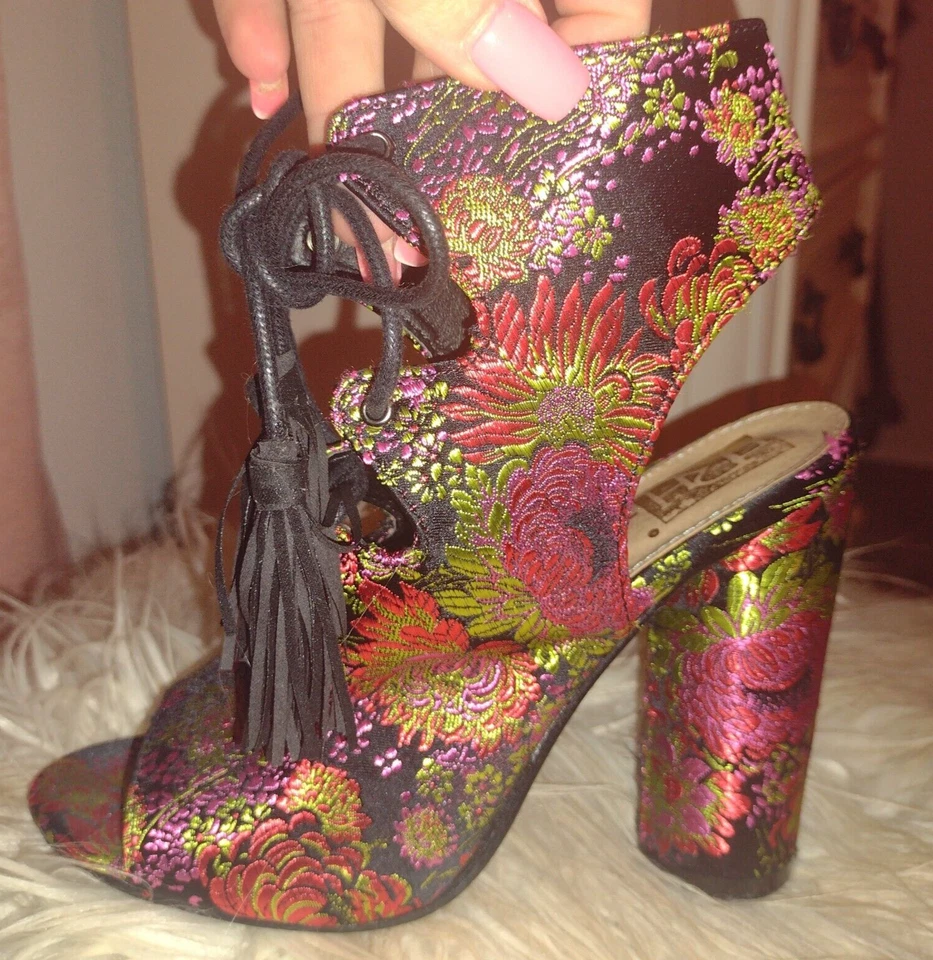 Sexy Colorido Borla Bloque Tacón Cordones Sandalias Colorido Diseño Oriental 7 Foto 2 de 4