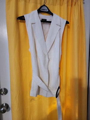 Maree Pour Toi Women's White Sleeveless Shirt With Belt Size 14 Linen Blend 