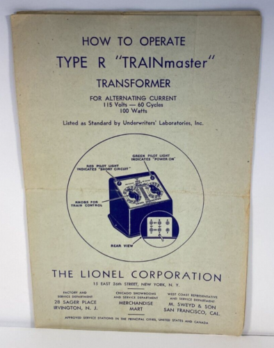 How To Operate Type R Trainmaster Transformer instructions LIONEL R-72-KBJX 1-42 - Picture 1 of 5