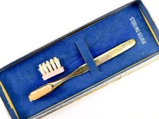 Antique Old US or European Master Marks Sterling Silver Baby Tooth Brush w/ Box