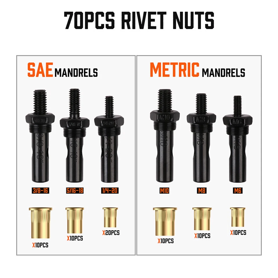 Kit de pistola de rebite 14"" ferramenta de ajuste de rosca porca setter porca sert métrica 70 peças - Imagem 3 de 4
